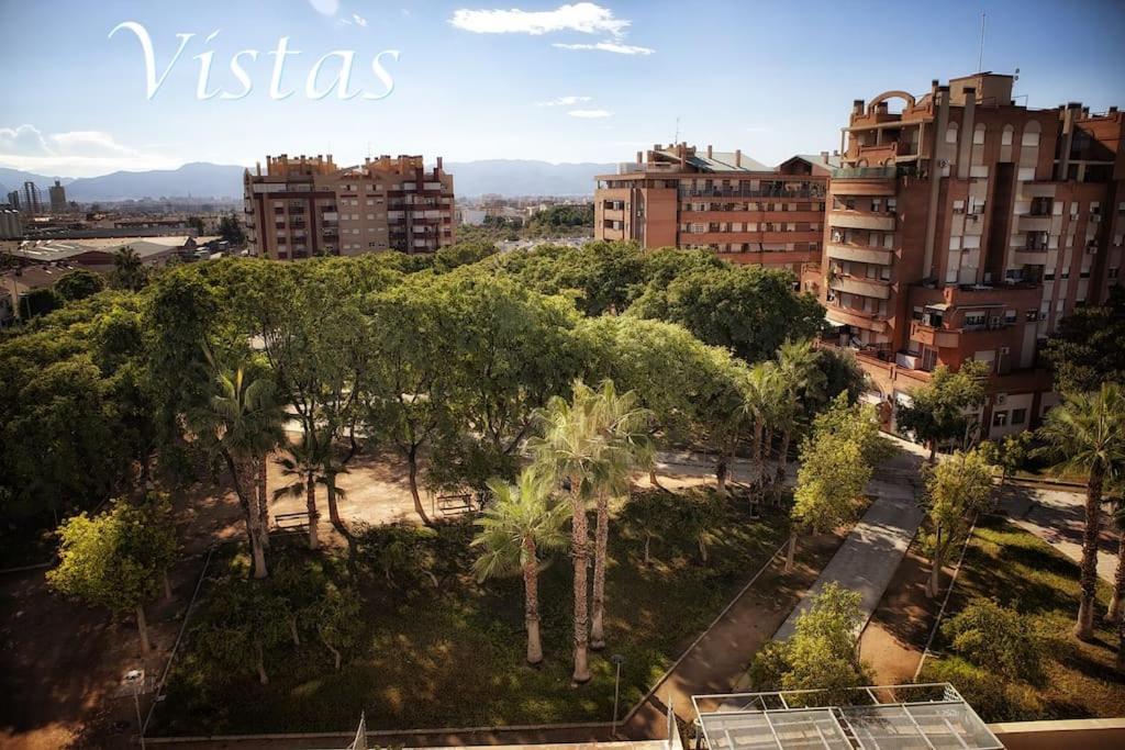 Blick auf eine Stadt mit Palmen und Gebäuden in der Unterkunft Piso ideal con WIFI Parking y Desayuno in Murcia