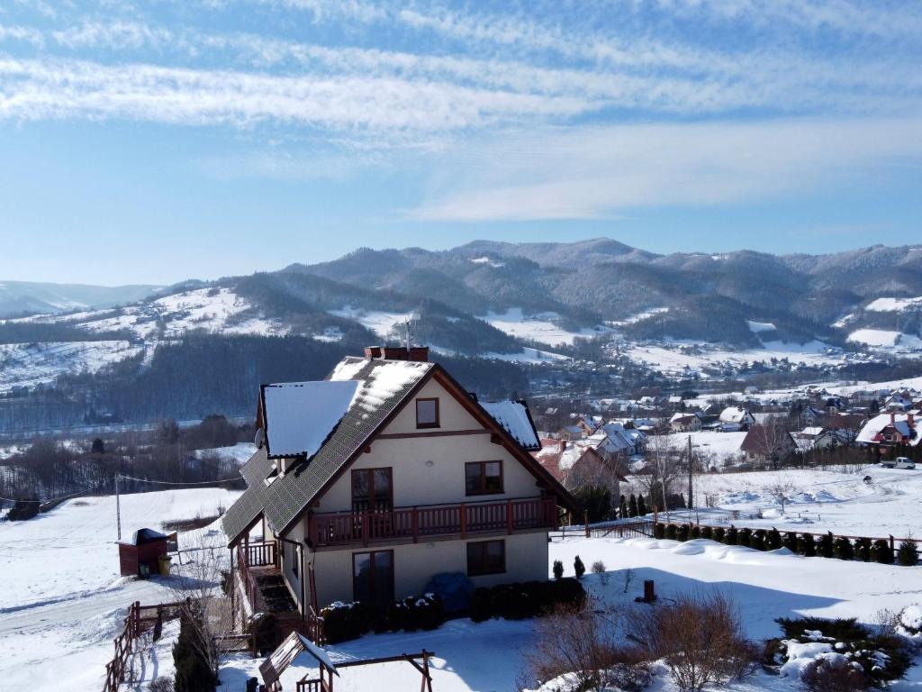 una casa nella neve con montagne sullo sfondo di Villa Apia a Piwniczna