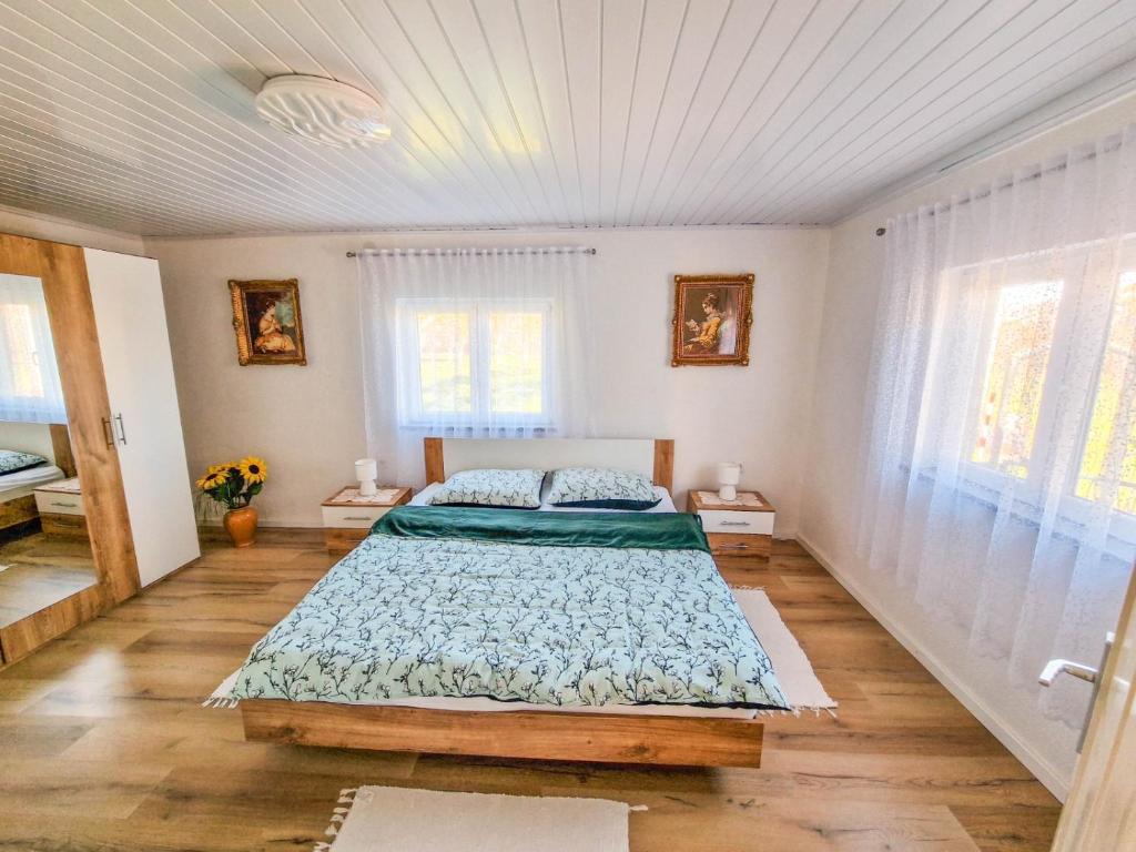 a bedroom with a bed in a room with windows at Holiday house Rukavina in Donje Pazarište
