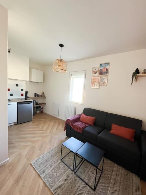 a living room with a black couch and a kitchen at Studio - Cosy Kaza in Angers