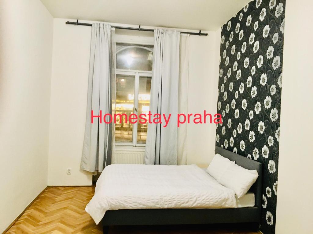 een kleine slaapkamer met een bed en een raam bij Hotelflat in square Praha 2 in Praag