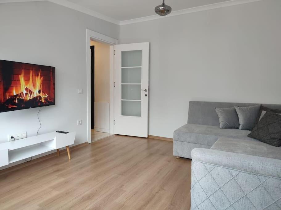 - un salon avec un canapé et une cheminée dans l'établissement Charming flat close to bostançi sea, à Istanbul