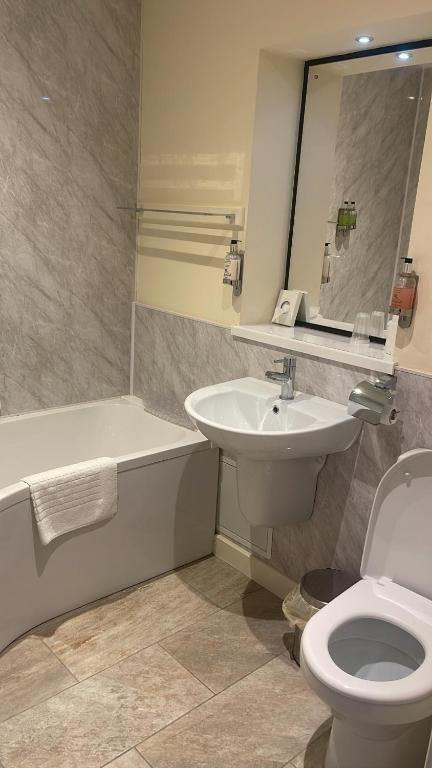 a bathroom with a sink and a toilet and a mirror at The Hedges Hotel in Stranocum