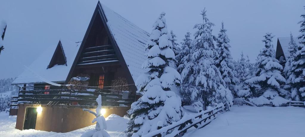 eine Hütte im Schnee mit schneebedeckten Bäumen in der Unterkunft Chalet Four Seasons in Zlatibor