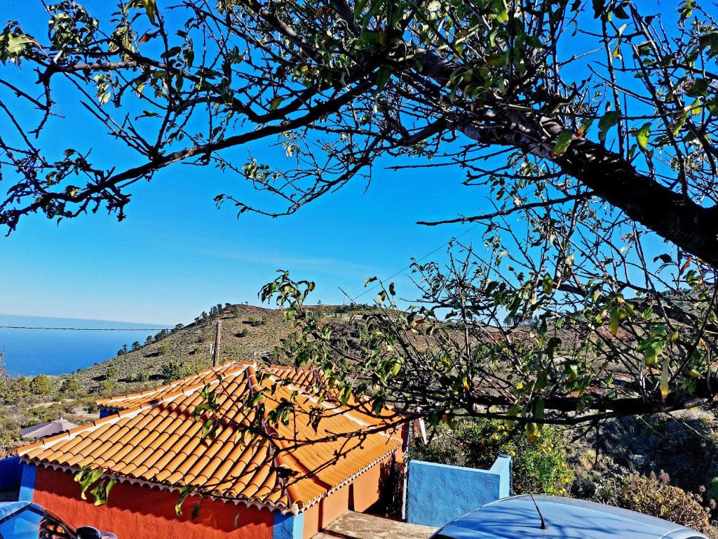 uma casa vermelha com uma montanha ao fundo em Panchita em Garafía