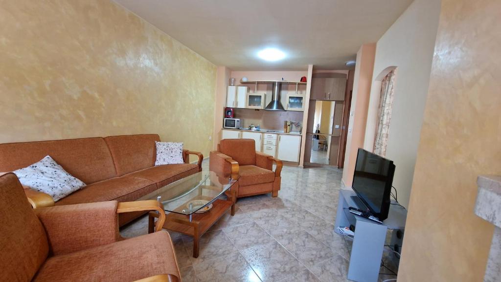 a living room with a couch and a tv at Apartment 24 in Pamporovo