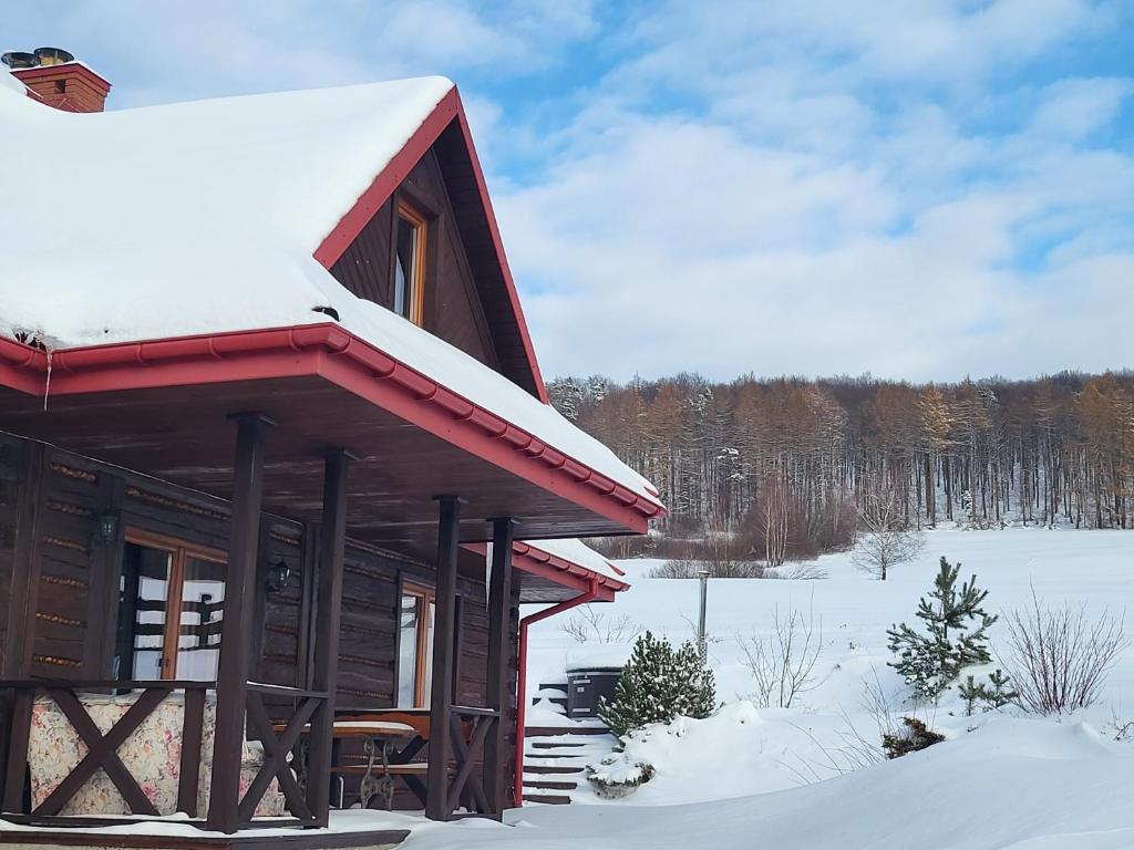 domek z bali i śniegiem w obiekcie Willa Wirchnia w mieście Małastów