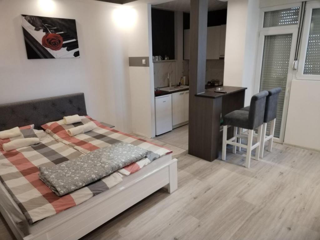 um quarto com uma cama, uma secretária e uma cozinha em VIN Studio em Kruševac