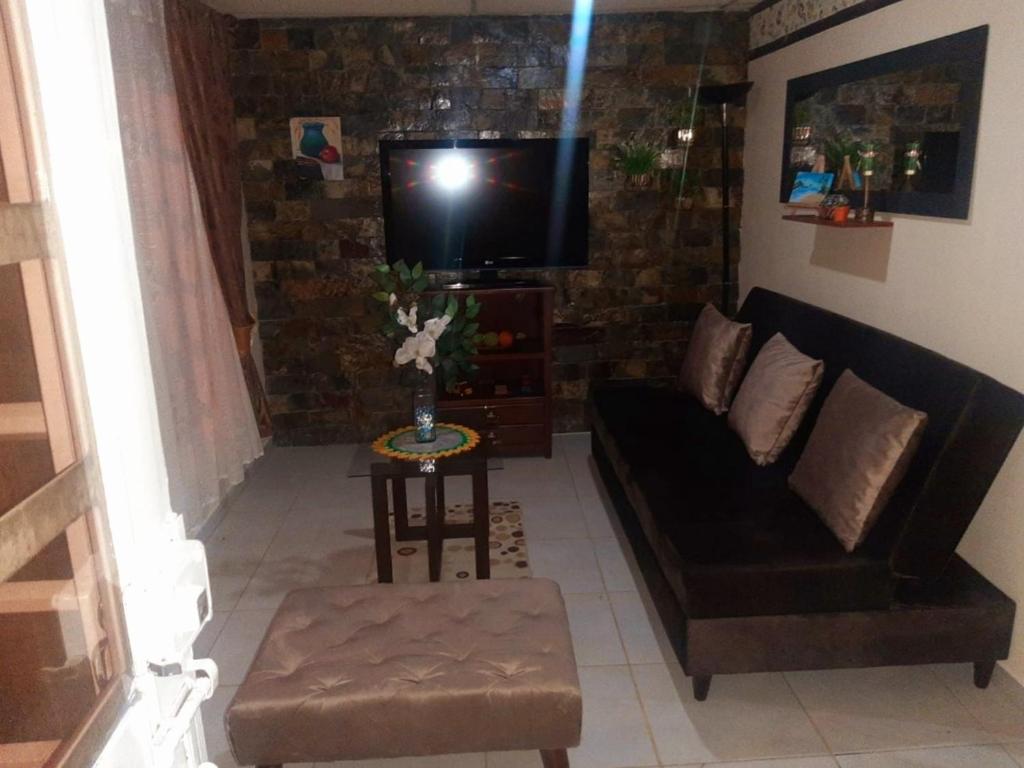 a living room with a couch and a tv at Araucarias Inn in Santa Rosa de Cabal