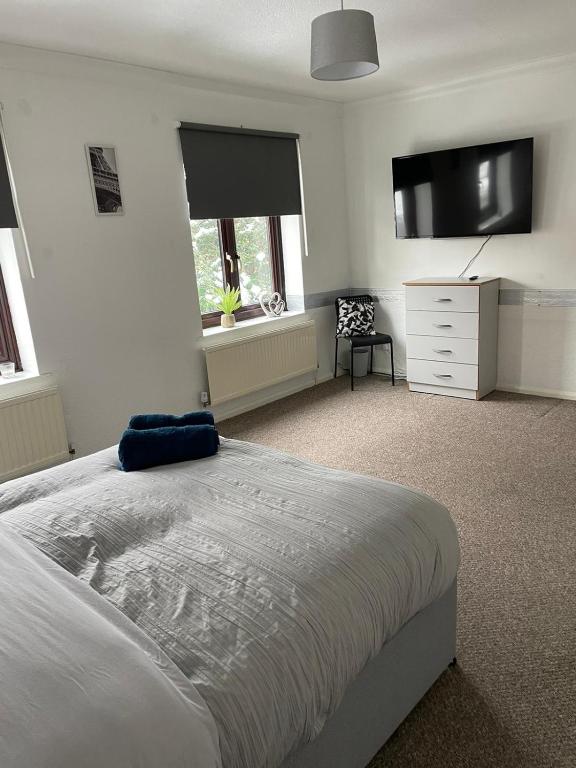 a bedroom with a large bed and a tv at lovely 4 bedroom 2 bathroom home in London