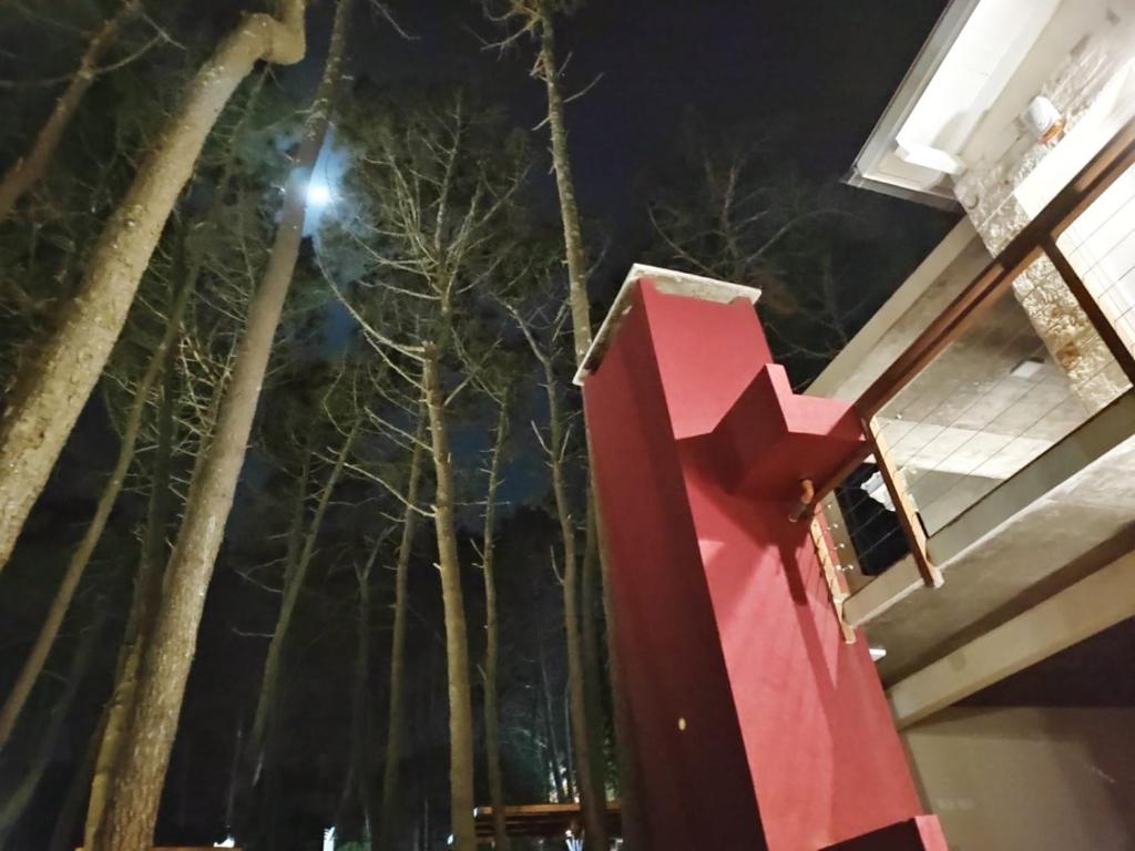 una cruz roja frente a los árboles por la noche en Condominio Fauno en Mar Blau en Balneario Mar Blau