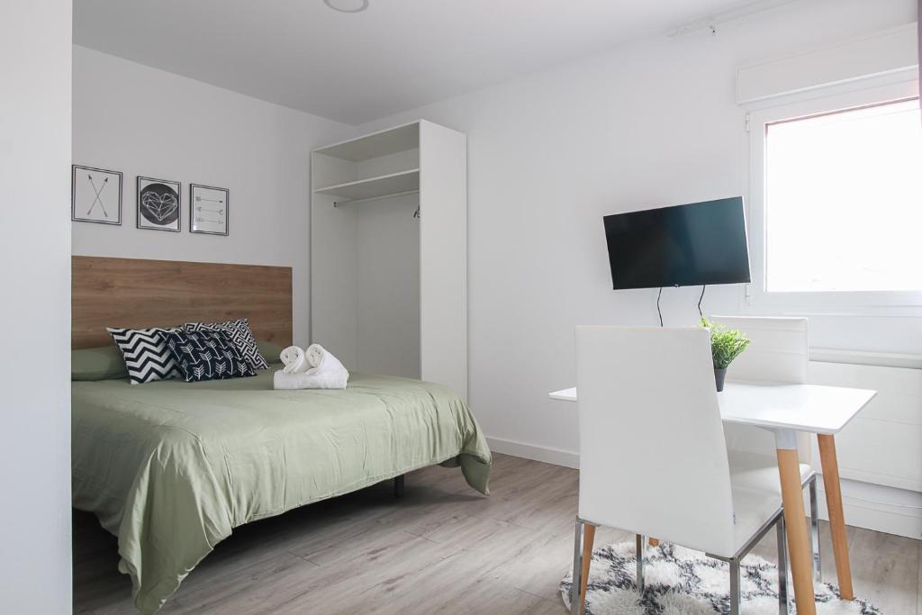 Dormitorio con cama, escritorio y TV en La maruca loft, en Santander