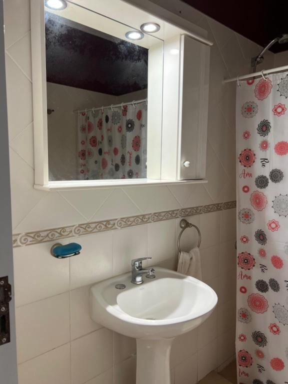 a bathroom with a white sink and a mirror at Aromas de Azahar in Bella Vista