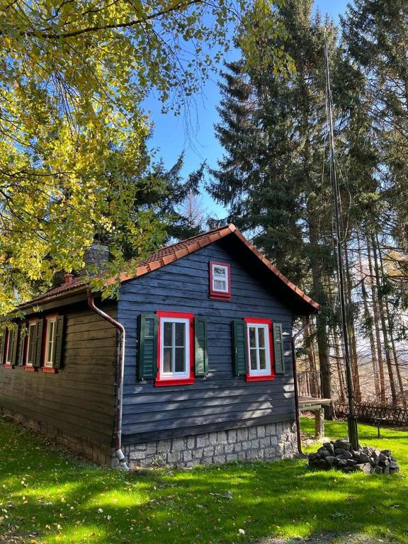 a small blue house with red windows in a yard at Steinbachhütte 1 in Drei Annen Hohne