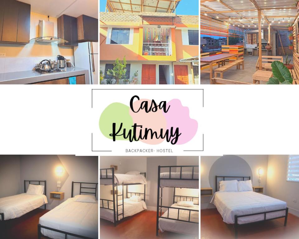 un collage de photos d'une chambre avec des lits et une cuisine dans l'établissement Casa Kutimuy, à Ayacucho