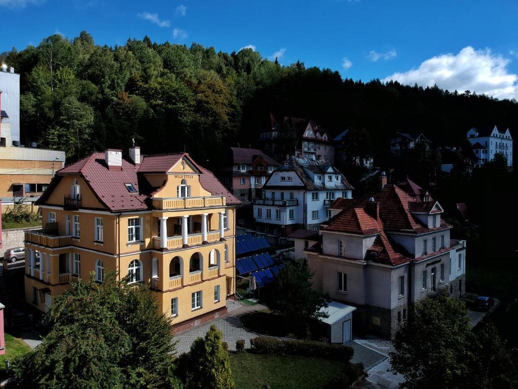 a group of buildings in a town with a mountain at Stella in Krynica Zdrój