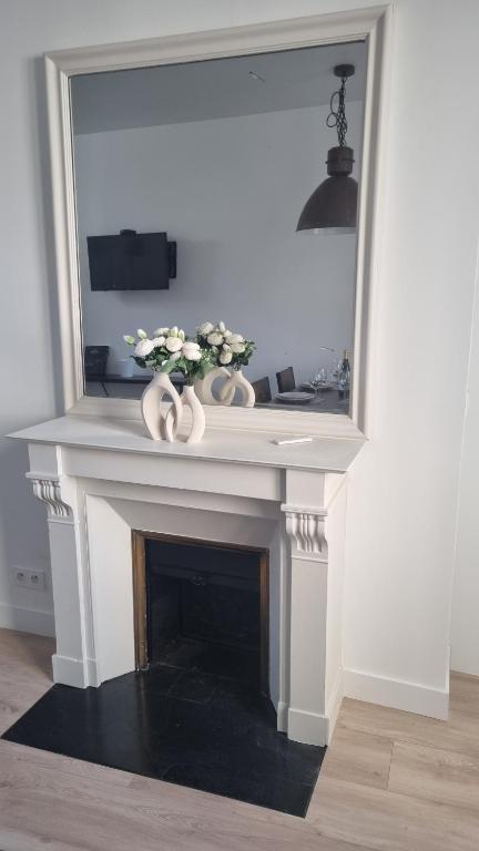 a fireplace in a living room with a mirror at Appartement luxueux dans maison bourgeoise parisienne in Levallois-Perret