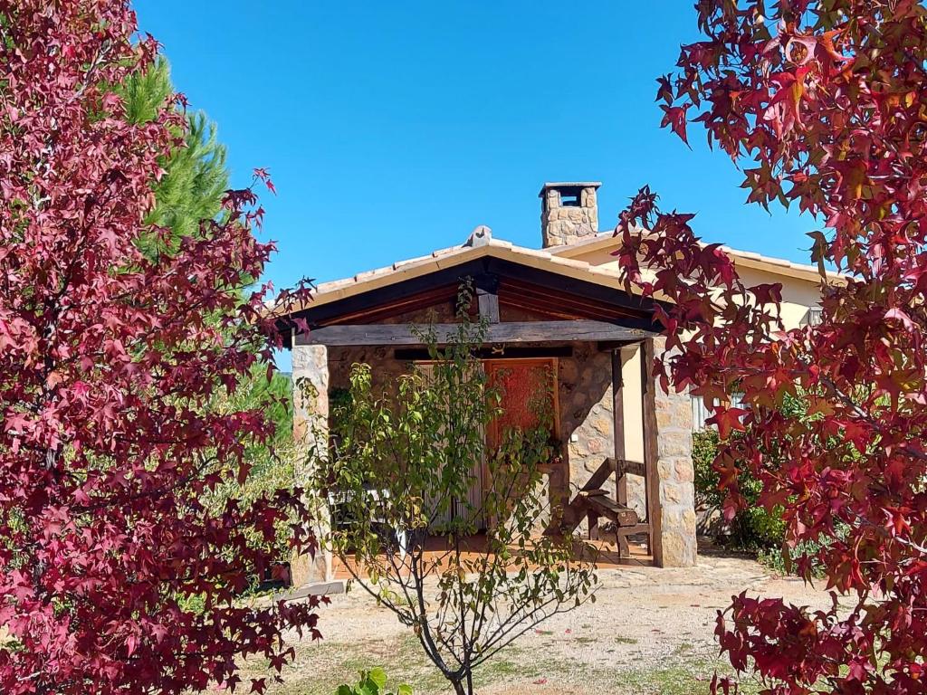 ein Haus mit einer roten Tür und einigen Bäumen in der Unterkunft Casa Rural Amarilla in Avila