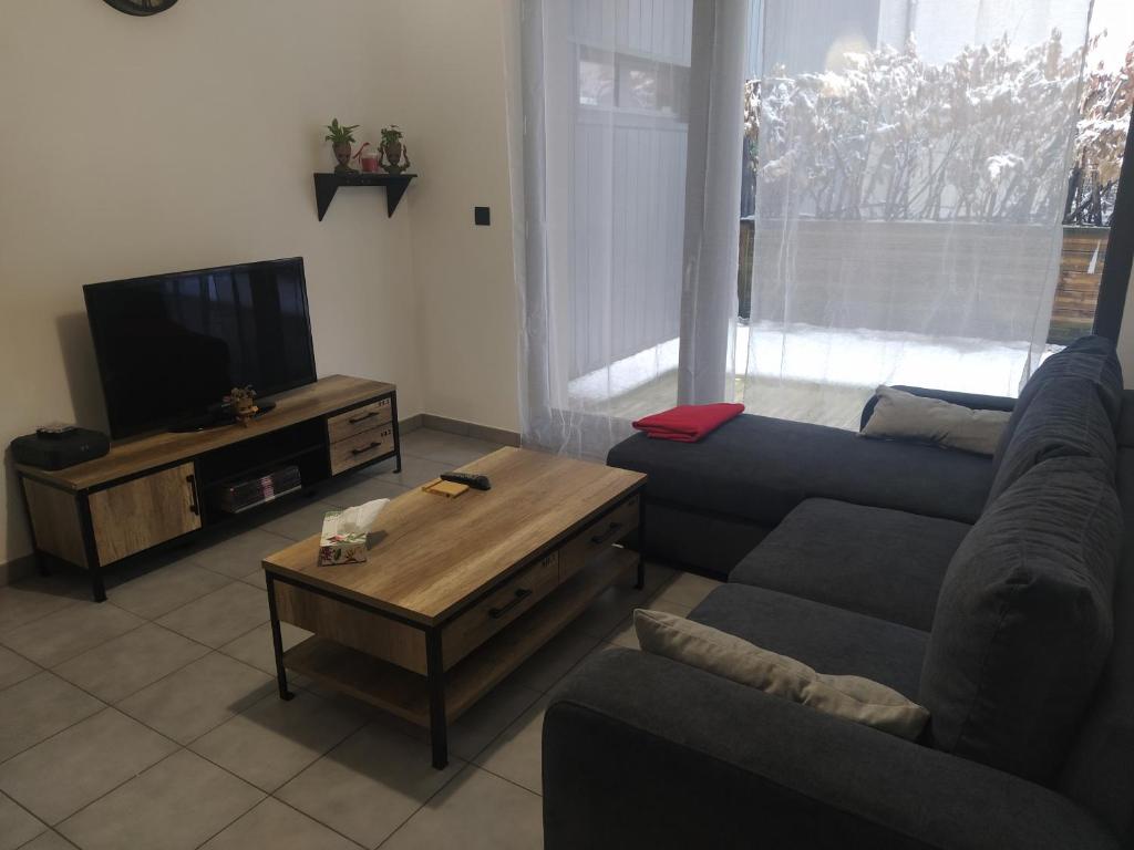 ein Wohnzimmer mit einem Sofa und einem TV in der Unterkunft Appartement entier in Aime La Plagne