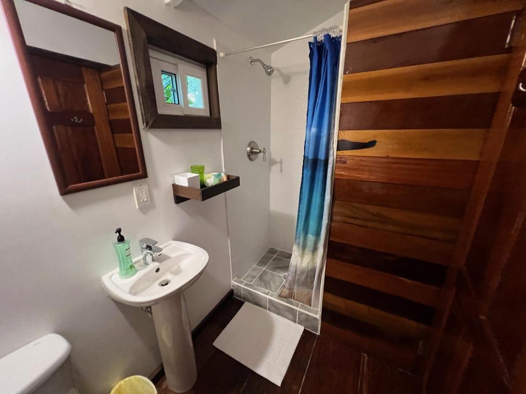 a bathroom with a sink and a toilet and a shower at Colinda Cabanas in Caye Caulker