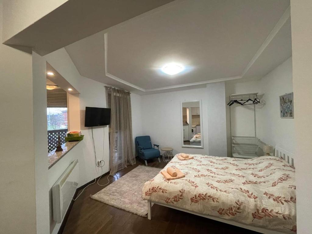 - une chambre avec un lit, un bureau et une télévision dans l'établissement ZEN Studio Apartman, à Bihać