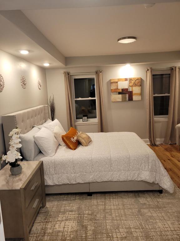 a bedroom with a large bed and two windows at City vibes in Philadelphia