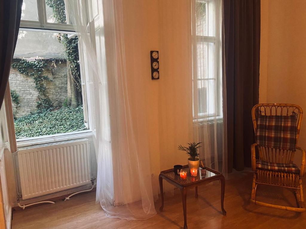 a living room with a table and a large window at Milos Apartment in Vienna