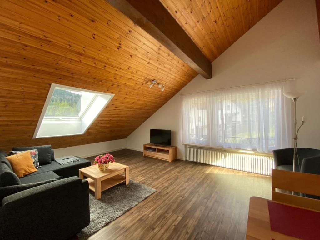een woonkamer met een bank en een tv bij Schwarzwaldnest in Todtmoos