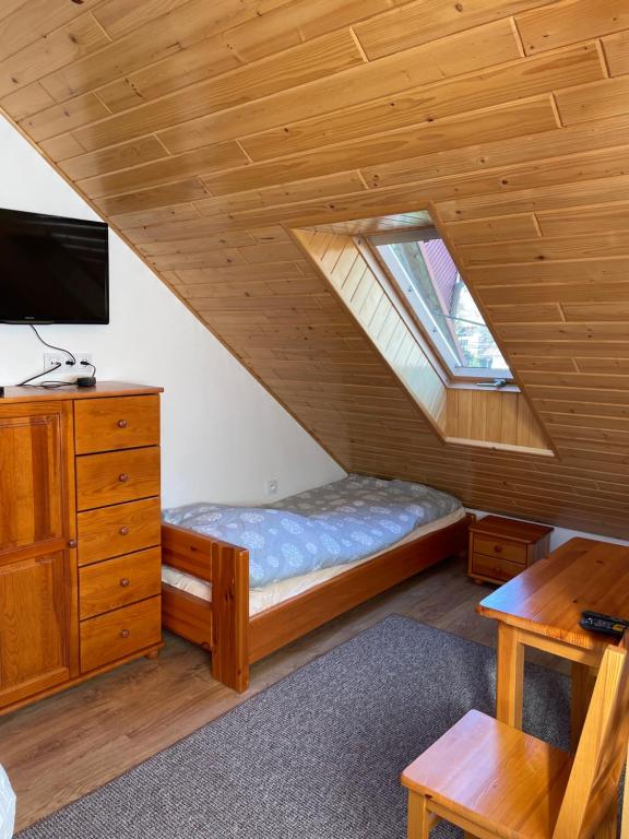 una camera da letto con letto e TV in mansarda di U Pająka 