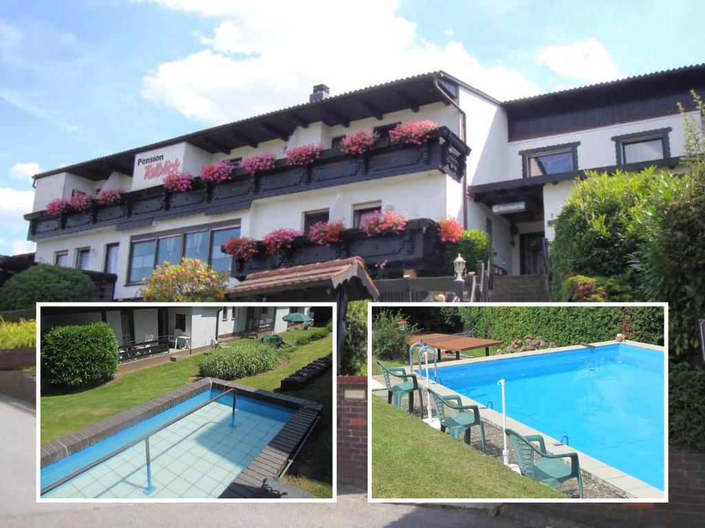 uma colagem de fotos de uma casa e uma piscina em Pension Talblick em Höchst im Odenwald