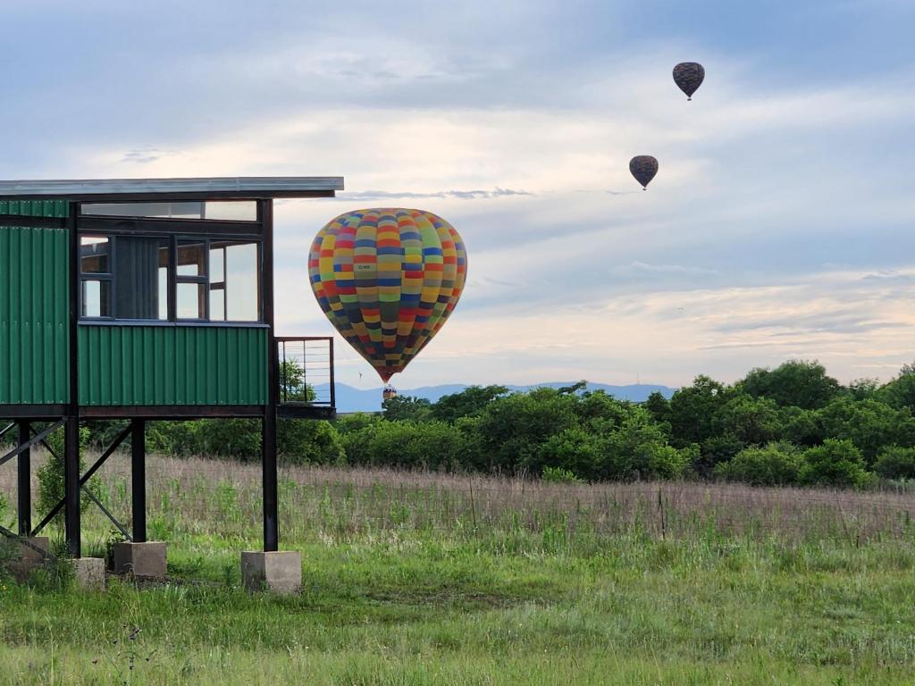 ブリッツにあるBalloon View Country Cottageの野原上空を飛ぶ熱気球の集団