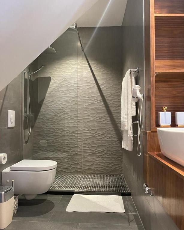 地拉那Vila Shard Boutique Hotel的带淋浴、马桶和水槽的浴室