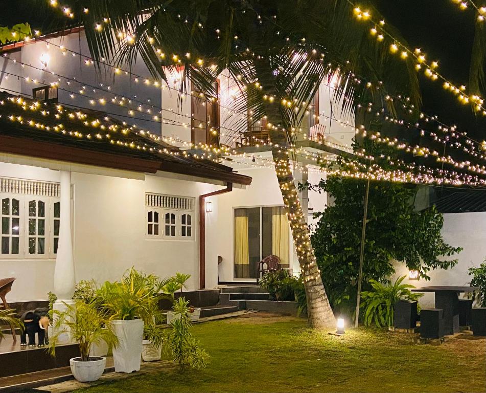 a house with christmas lights and a palm tree at White Villa Airport Transit Hotel in Katunayake