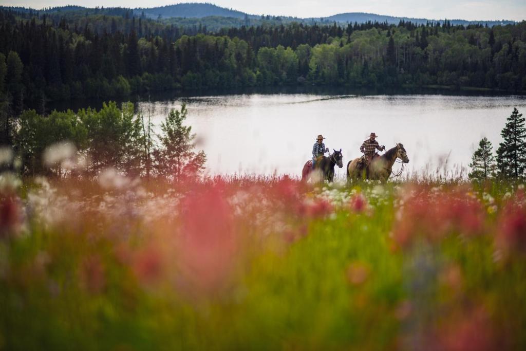 two people riding horses in a field near a lake at Montana Hill Guest Ranch in Bridge Lake
