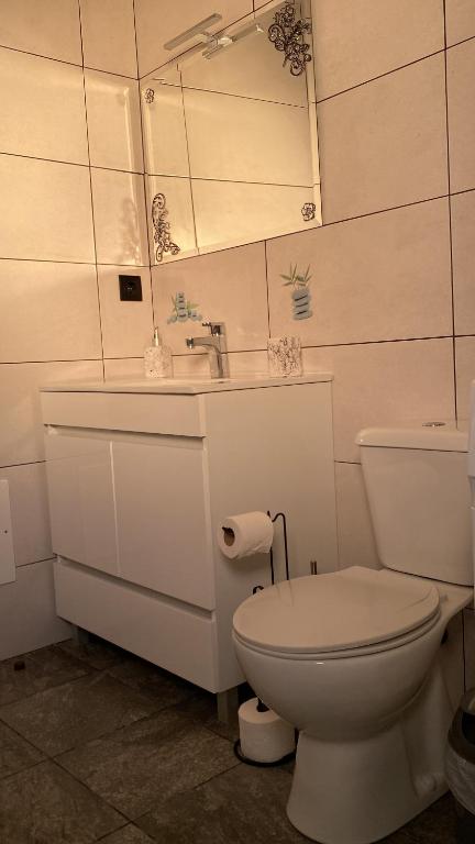 a bathroom with a white toilet and a sink at Cozy 1 BR w/ balcony, ocean view & perfect sunsets in Ribeira Brava