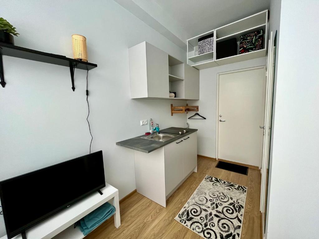 una pequeña cocina con fregadero y TV en una habitación en Savi Apartment 2, en Pärnu