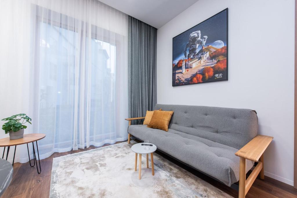 salon z kanapą i dużym oknem w obiekcie cohost I New Bastėja Life Apartments w-Garage Prkg & Self Check-in w Wilnie