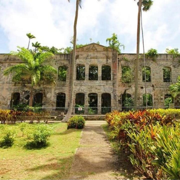 an old stone building with palm trees in a park at Pondbottom Apartment Hotel in Saint James