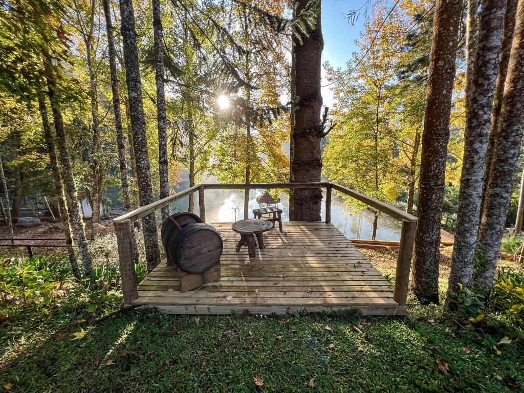 une terrasse en bois avec un banc et une table. dans l'établissement Cabana da Árvore - ForestPlace, à Monte Verde