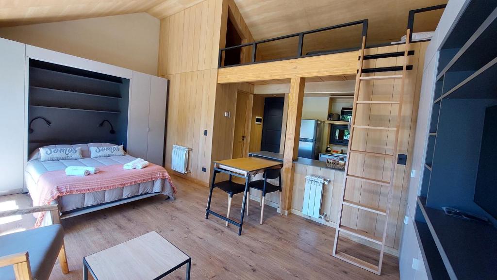 1 dormitorio con cama, escritorio y litera en Hermoso monoambiente con entrepiso, para 3 personas, excelente ubicación y vista. 23V5 en San Martín de los Andes