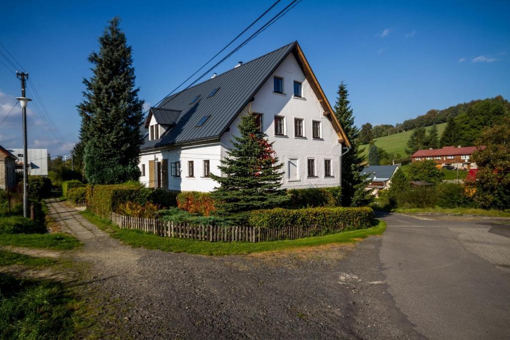 a white house with a black roof on a street at Penzion Pod Sudem in Lázně Libverda