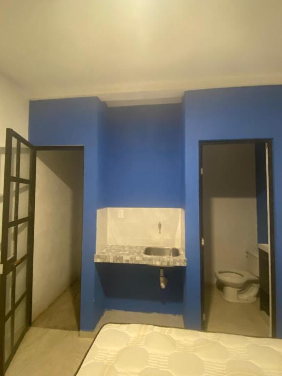 een badkamer met een blauwe muur en een toilet bij Cuarto Ajalpan 