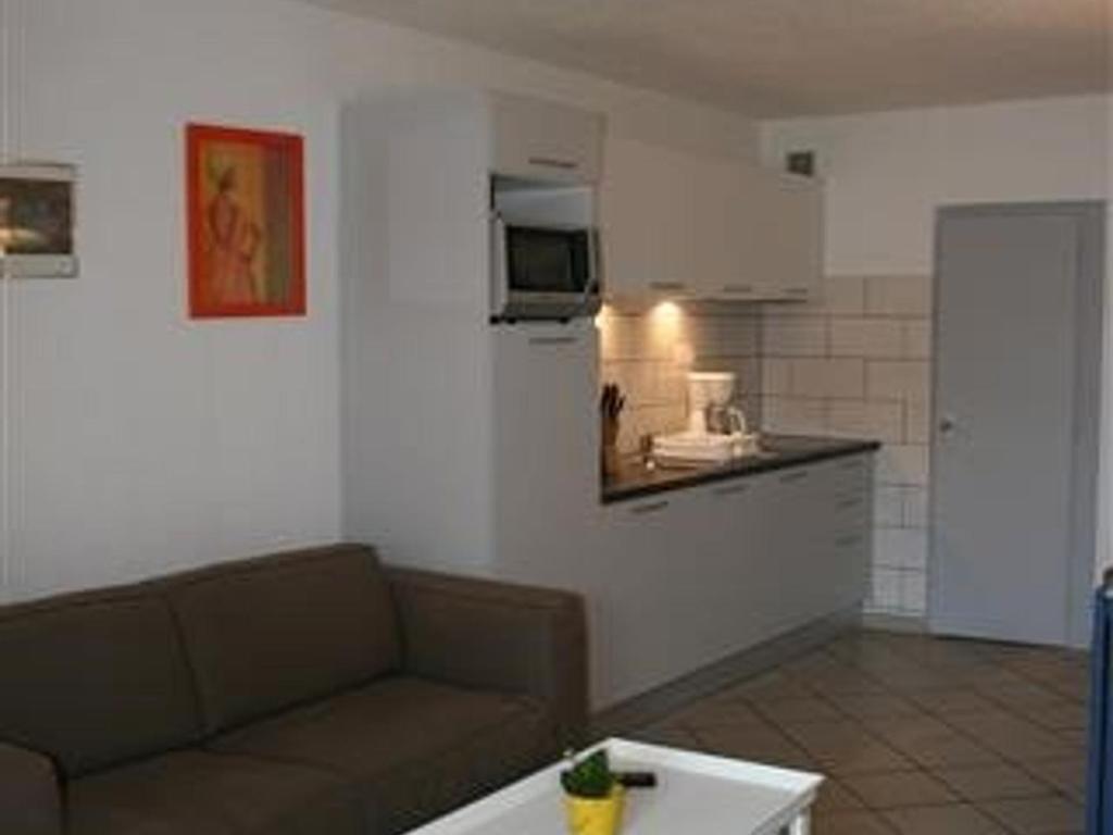 ein Wohnzimmer mit einem Sofa und einer Küche in der Unterkunft Appartement Port Barcarès, 2 pièces, 4 personnes - FR-1-195-47 in Le Barcarès