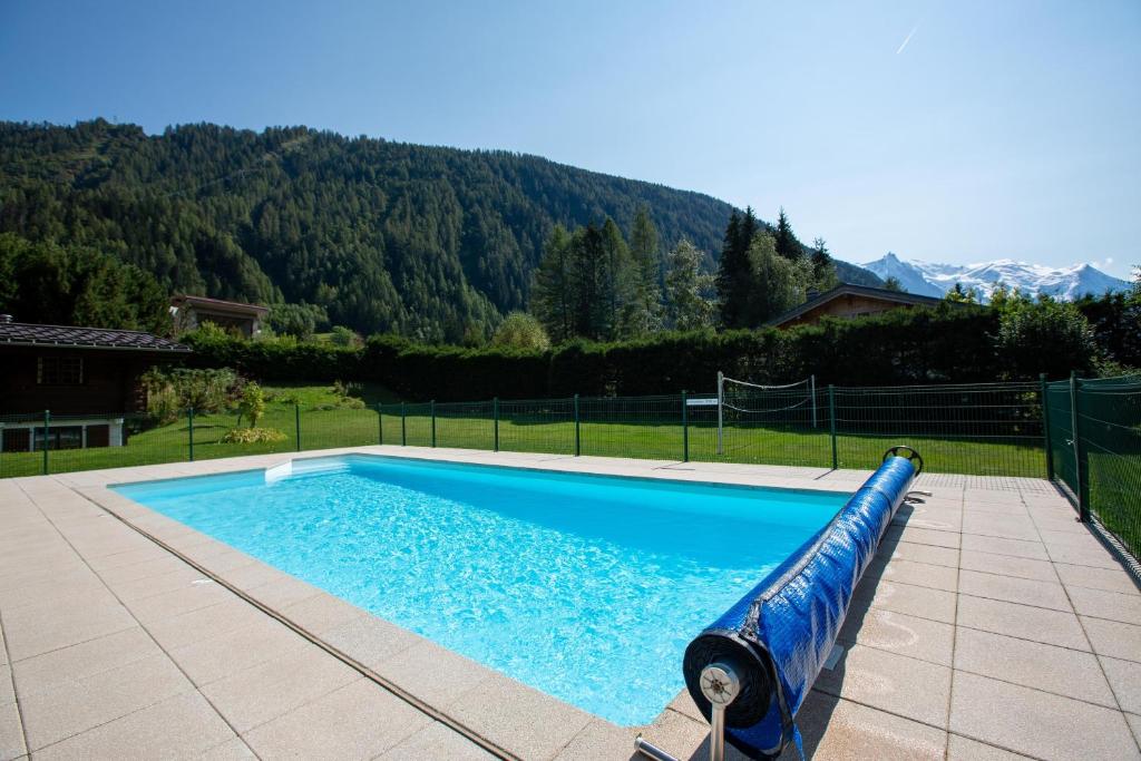 a swimming pool with a water slide in a yard at Résidence Améthystes A14 ski-in ski-out - Happy Rentals in Chamonix