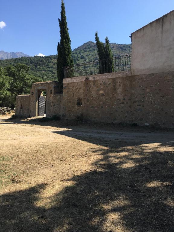 una vieja pared de piedra con árboles en el fondo en Gite fabuleux Saint Michel en Avapessa