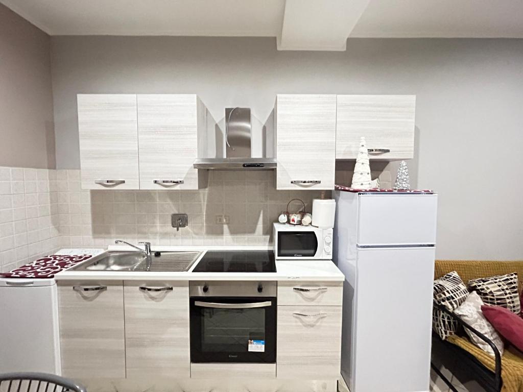 kuchnia z białymi szafkami i białą lodówką w obiekcie Central Low Cost w Turynie
