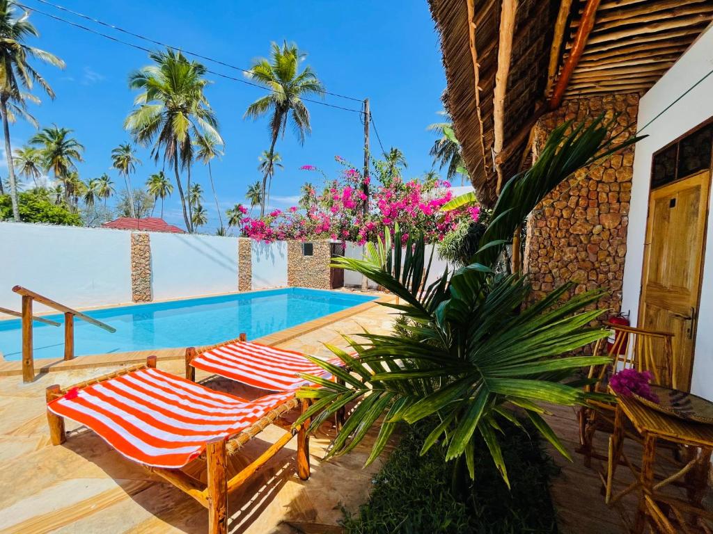 a patio with two chairs and a swimming pool at Lulu Bungalows in Kiwengwa
