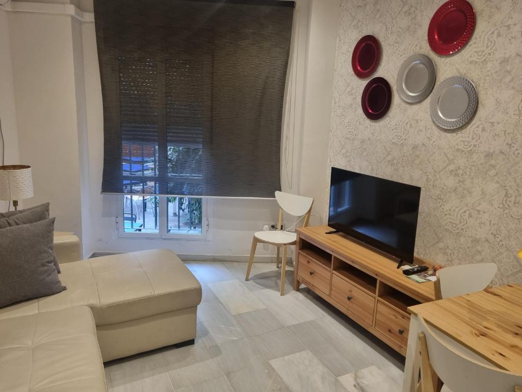 uma sala de estar com um sofá e uma televisão de ecrã plano em Apartamentos centro histórico em Sevilha