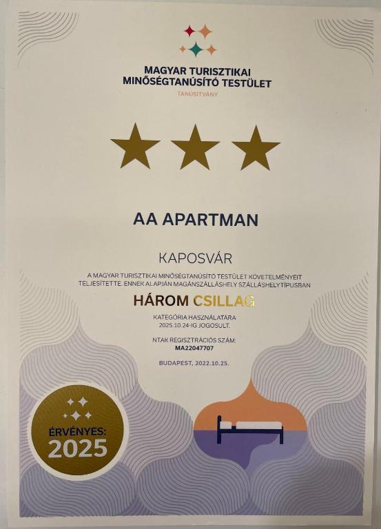 AA Apartman tanúsítványa, márkajelzése vagy díja