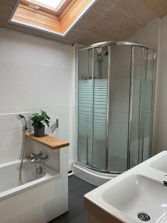 a bathroom with a shower and a tub and a sink at Gîte Les trois charmes in Gouvy